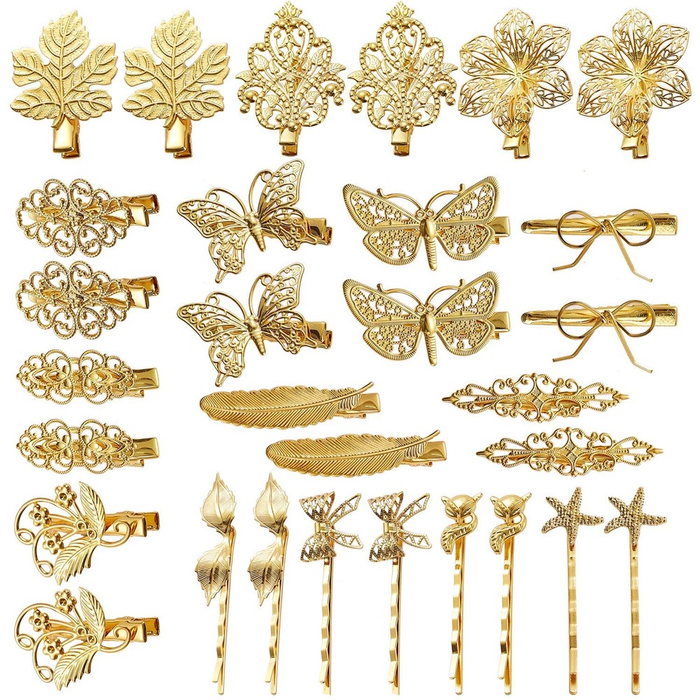 30-Pack Gold Leaf Alligator Hair Clips - 15 Pairs Metal Barrettes Bobby Pins