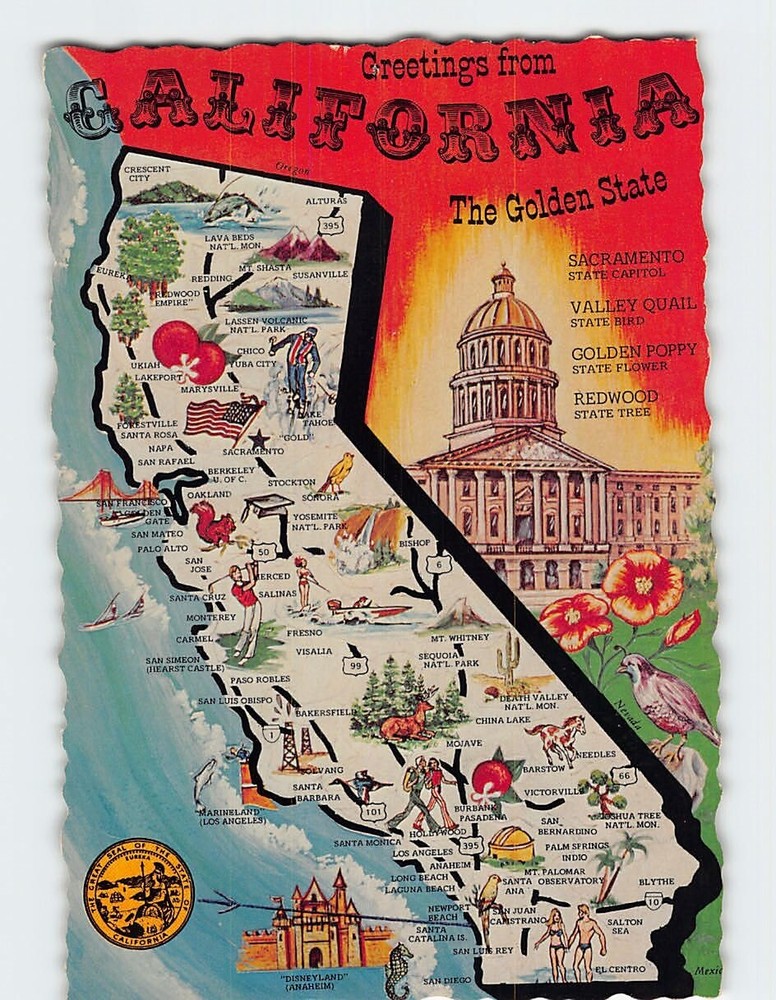 Postcard Map & Attractions California USA