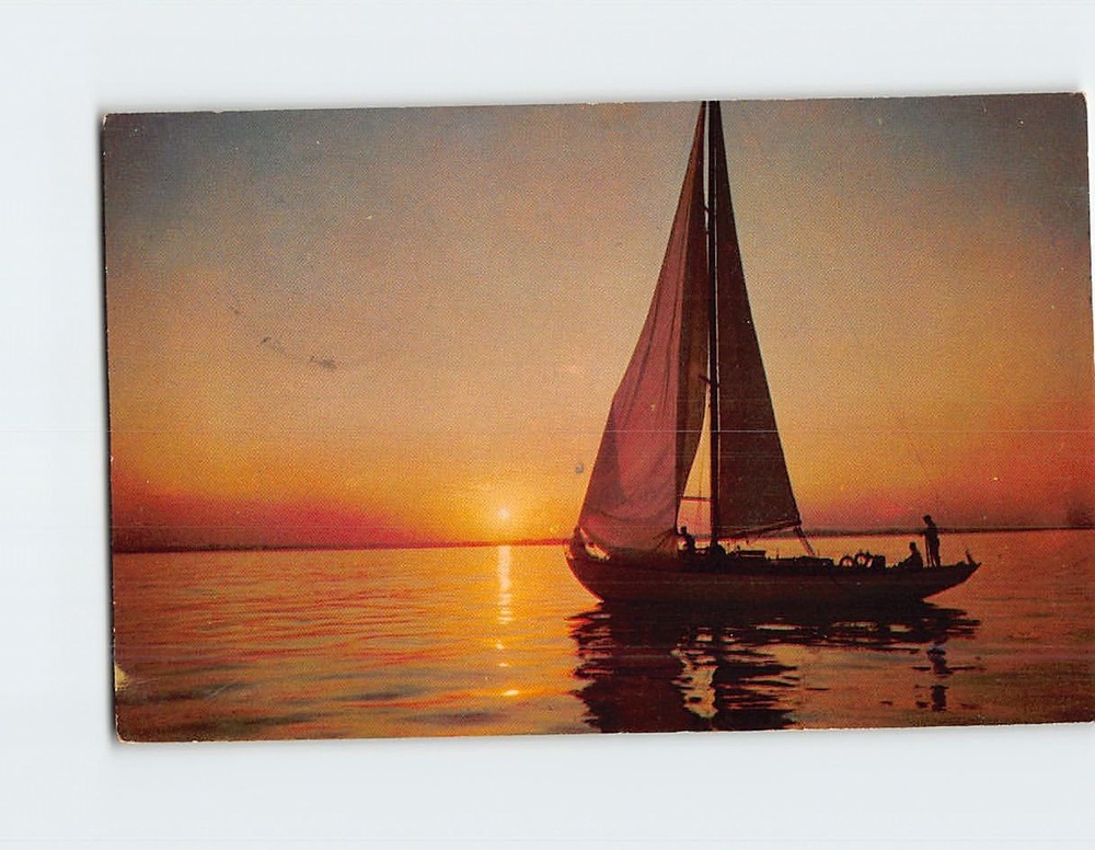 Postcard Sunset Sailing Scene Greetings from North Beach Maryland USA