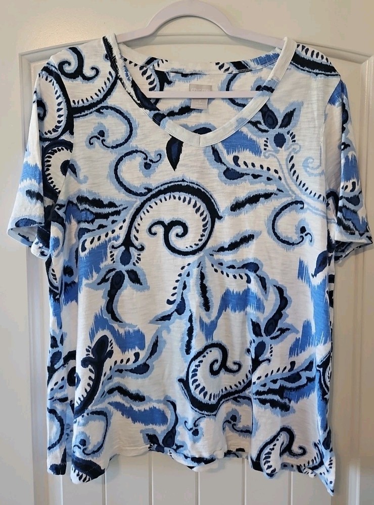 Chicos Shirt Womens Size 2 Floral Swirl Blue & White Coastal Grandma Nautical