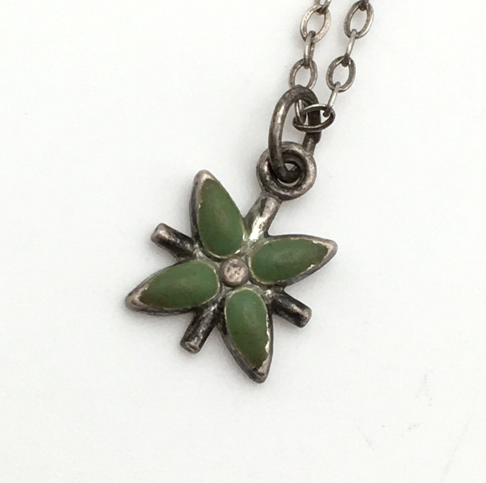 Vintage Sterling Silver Dainty Green Flower Rolo Chain Necklace 18” 1.6g #37