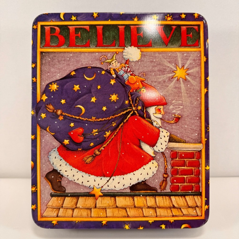 Vintage Mary Engelbreit Christmas Tin Believe Santa Claus Holiday Decor Storage