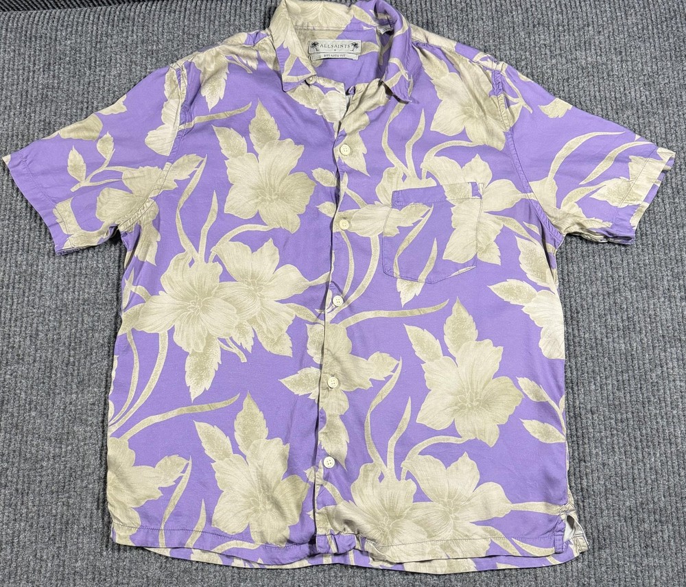 All Saints Shirt Mens Medium Hawaiian Floral Relaxed Fit Button Up Purple Rayon