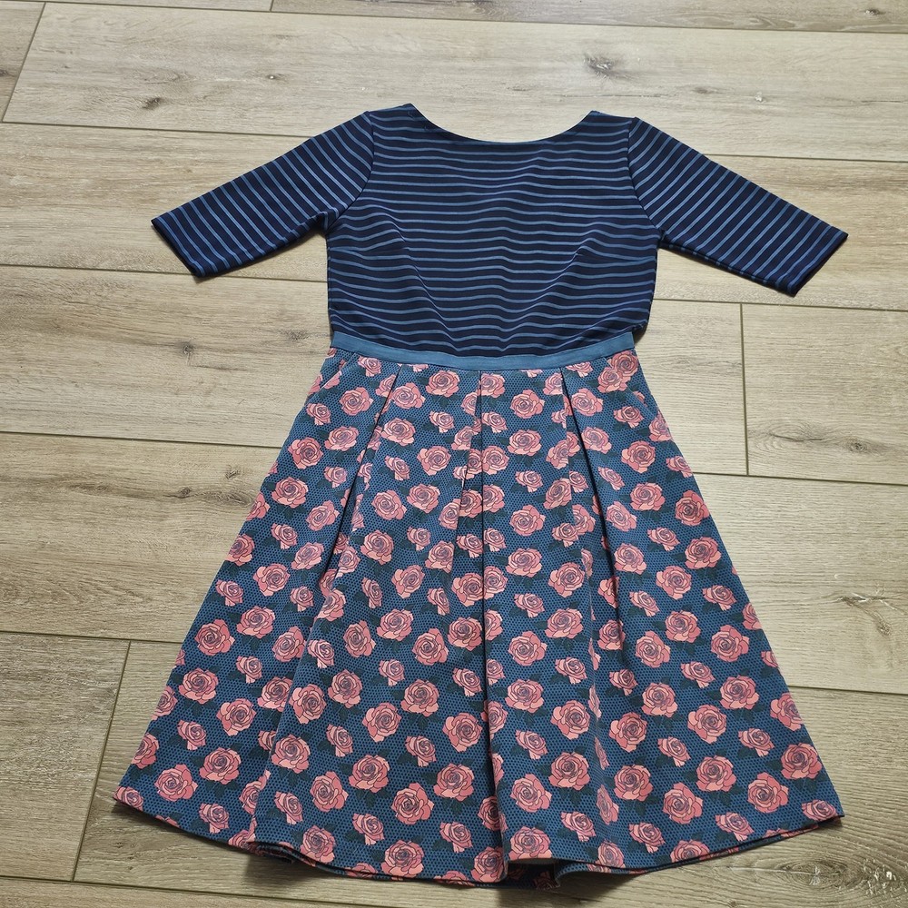 Matilda Jane Women's Size Small Peyton Dress Blue Pink Teal Stripe Floral Rose