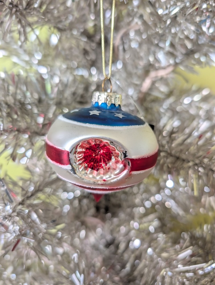 Indented Reflector Patriotic Red White and Blue Glass Christmas Ornament w Stars