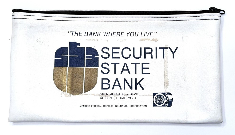 White Zippered Vinyl Bank Deposit Bag - Security State Bank, Abilene, TX