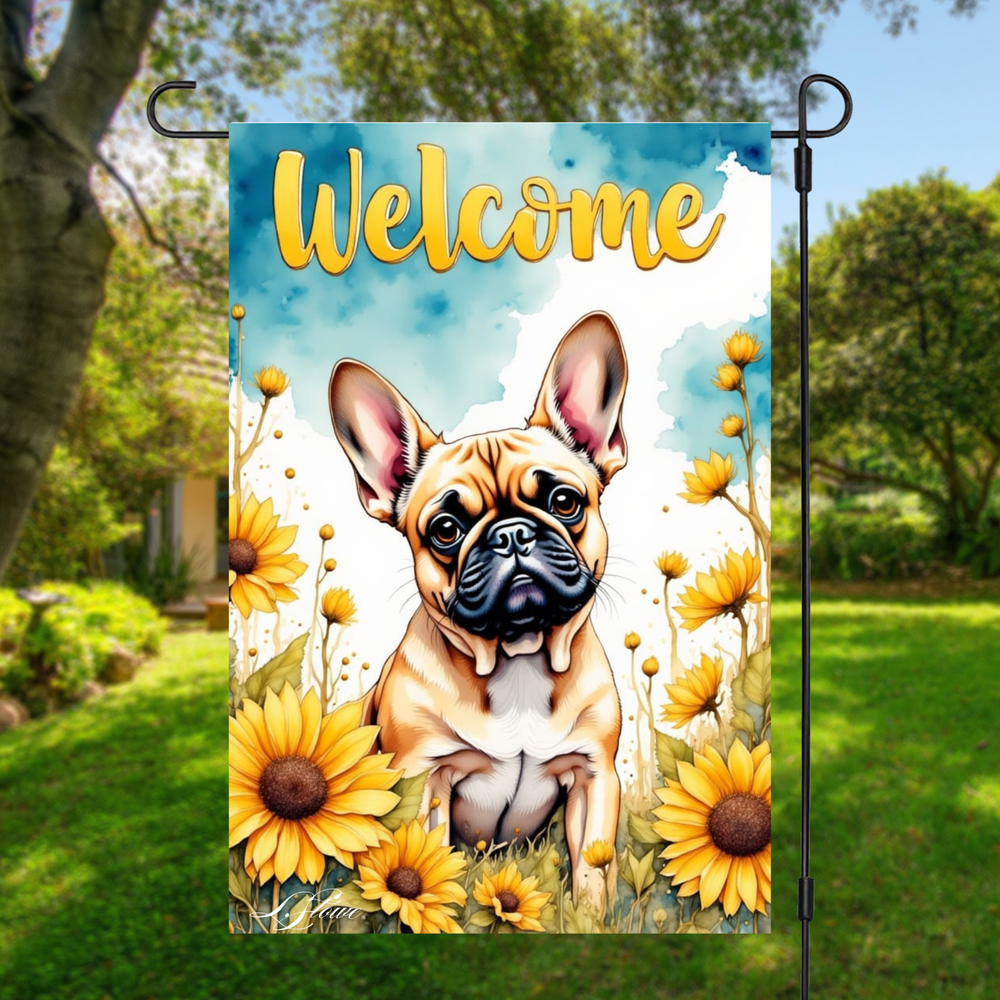 Fawn French Bulldog Sunflowers Double Sided Garden Flag 12x18 Yard Art