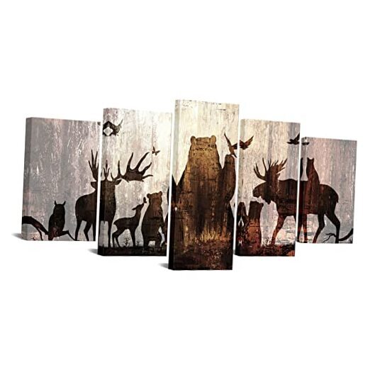 5 Piece Vintage Animal Wall Art Canvas Abstract Forest Deer Bear Picture Art-image