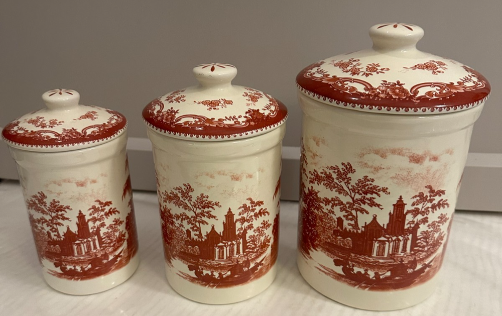 Vintage La Cartuja de Sevilla Scene Red Transferware Ceramic Canisters Set of 3
