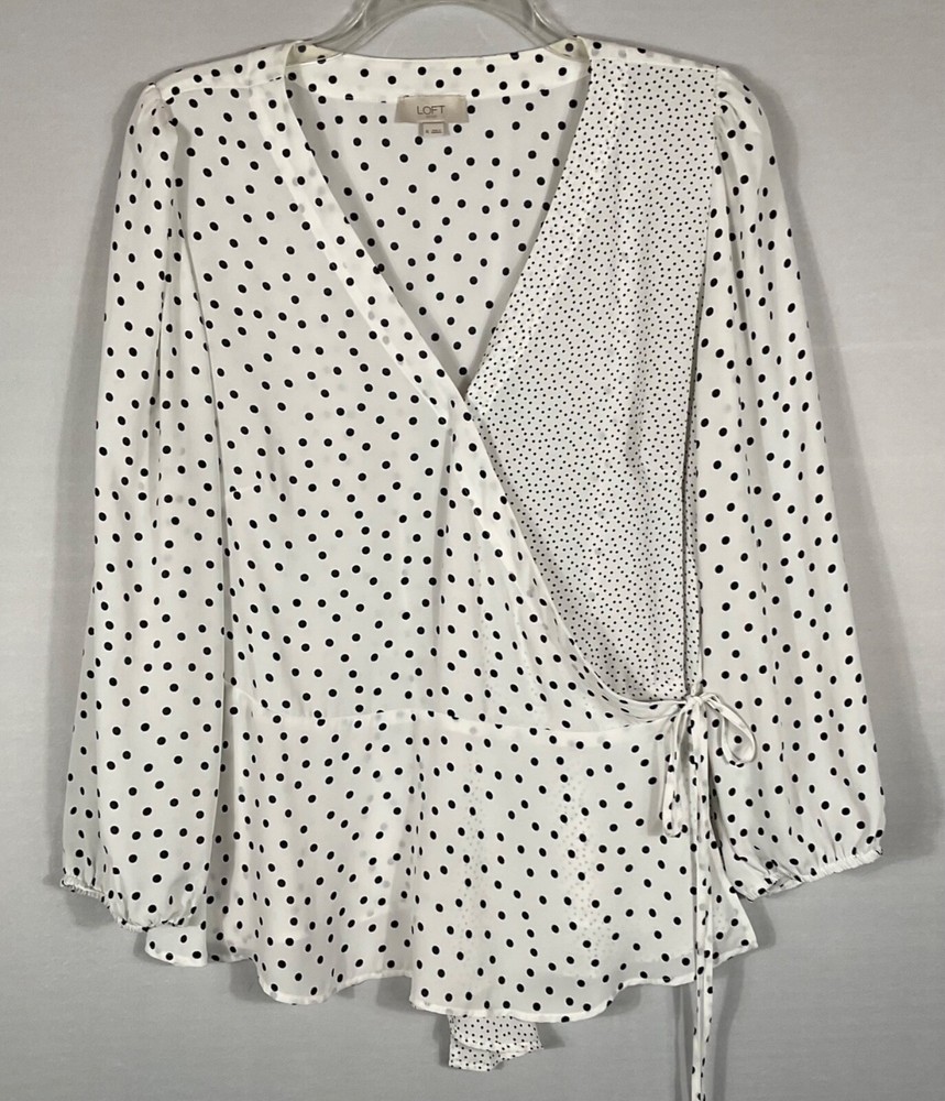 Loft Outlet Top Womens XL Ivory Black Dot Wrap Tie Waist Long Balloon Sleeves