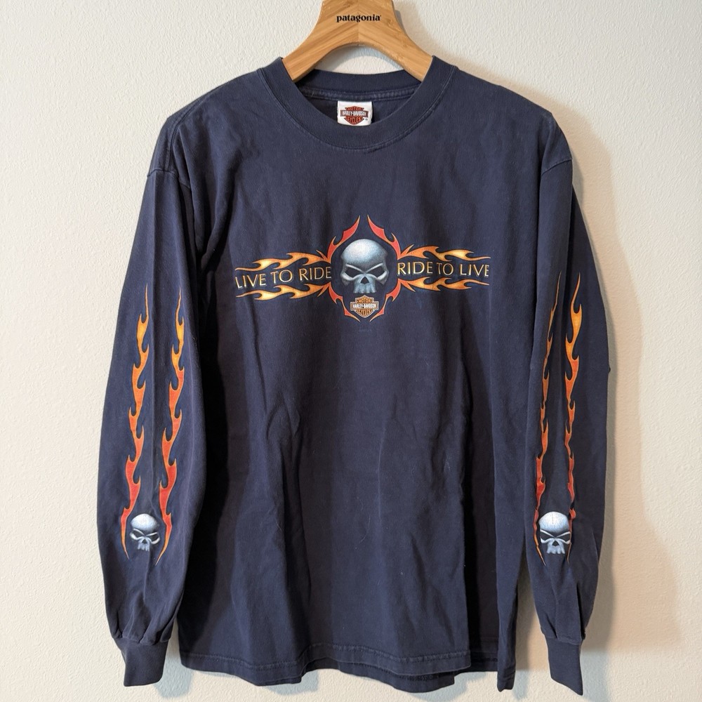VINTAGE HARLEY DAVIDSON LONG SLEEVE SHIRT BLACK FLAMES SKULL 2005 BIKER SIZE L