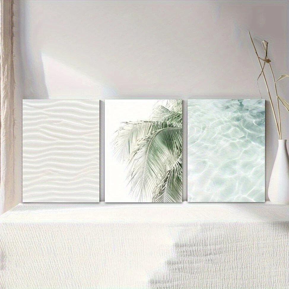 3pcs Coastal Beige Sage Green Palm Tree Metal Print  Ready to Hang Art