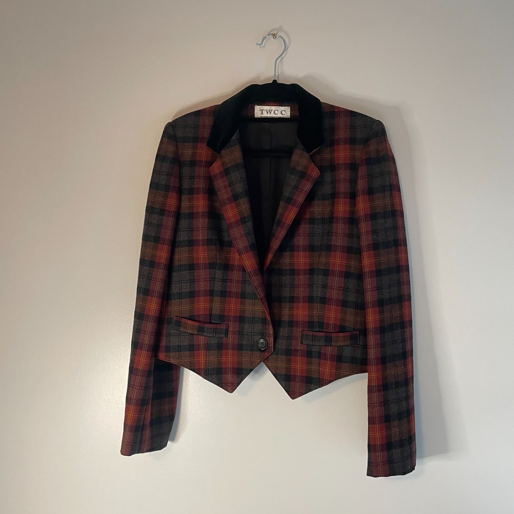 Vintage TWCC Maroon/Brown Plaid Blazer Button Jacket Women's Size 12 Acedemia