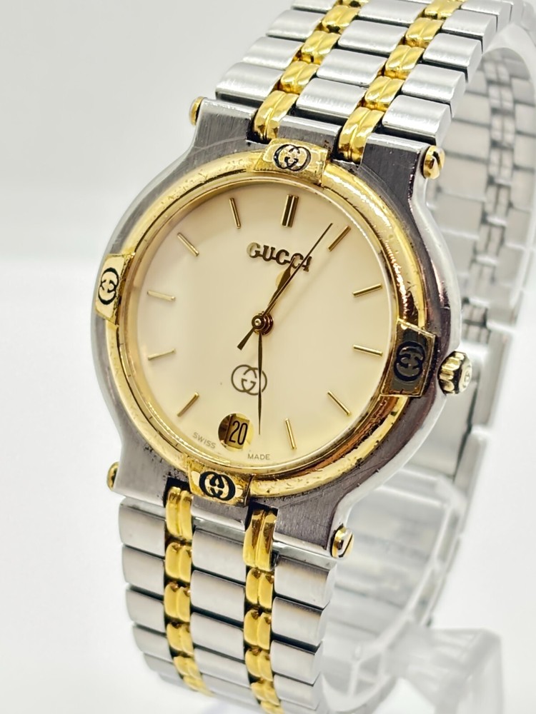 [Exc+5] GUCCI 9000M Watch GOLD Silver DATE Quartz Men's Used Working Japan