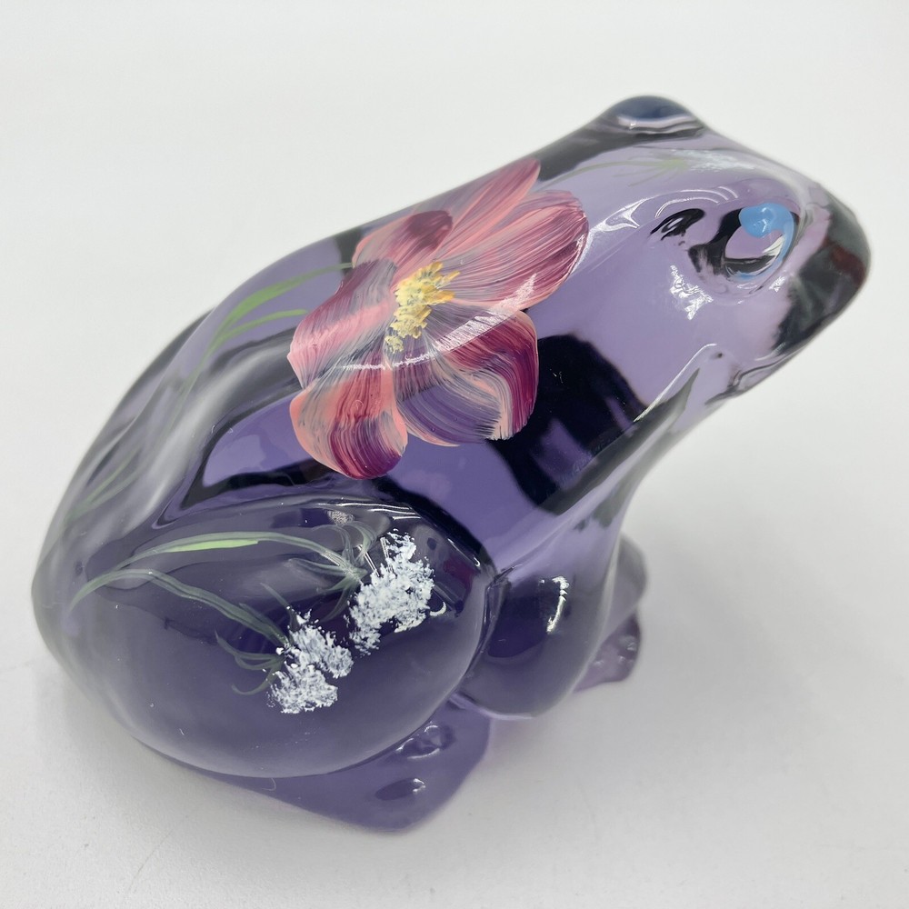 Lenox Fenton Frog Figurine Purple Violet Art Glass Hand Painted Floral Signed