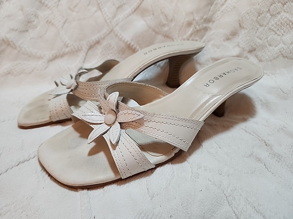 Women's Y2K Vintage Sag Harbor White Leather Heeled Sandals Shoes Size 7.5M