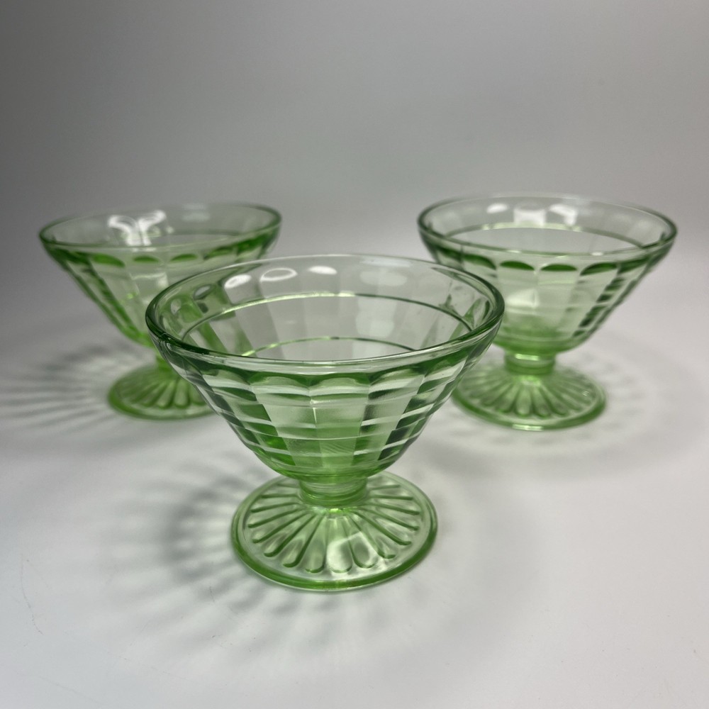 Anchor Hocking Block Optic Uranium Glass Sherbet Absinthe Glassware  Set Of 3-image