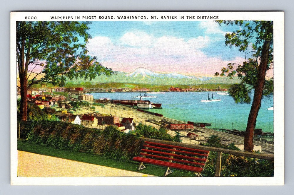 Puget Sound WA-Washington Warships Mount Ranier Vintage Postcard