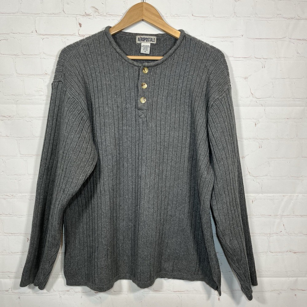 Vintage Aeropostale Sweater Mens Size Medium Gray Henley Knit Ribbed Pullover