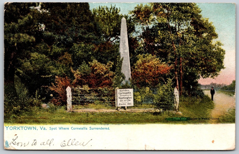 1908 Cornwallis Surrender Monument Yorktown Virginia ANTIQUE Postcard 9815