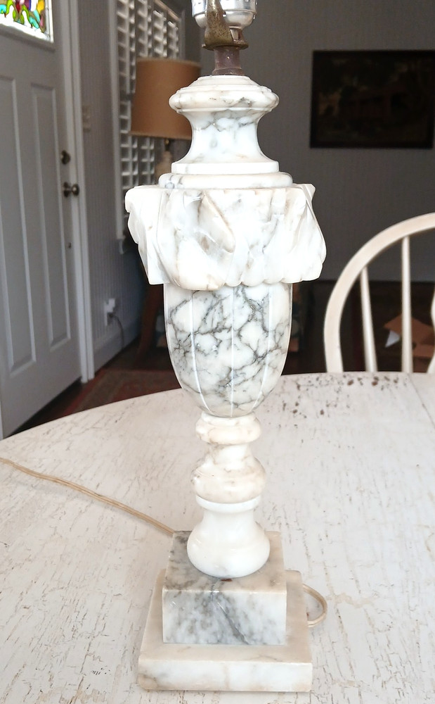 Vtg Carved Alabaster Marble Table Lamp Italian Neoclassical White Gray 27.5
