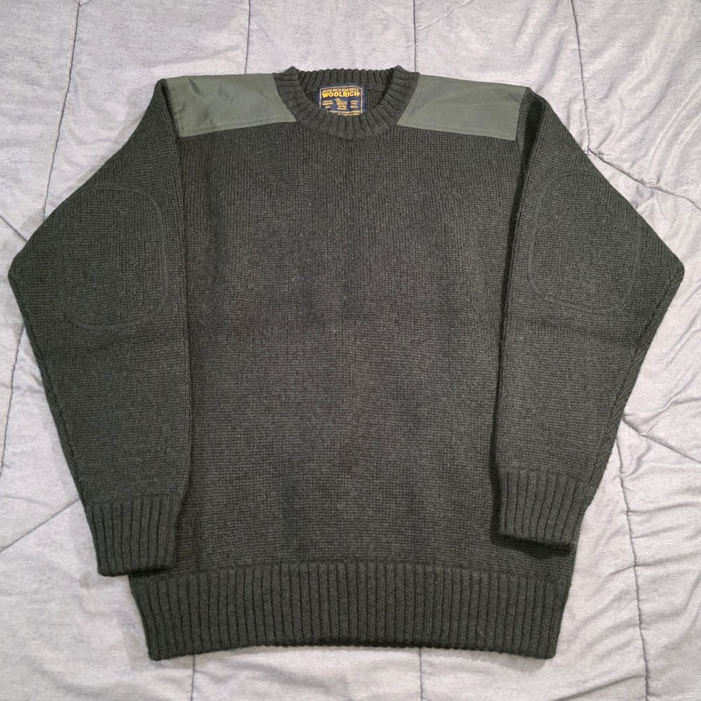 Vintage Woolrich Wool Commando Green Sweater Mens Medium with Shoulder Patches