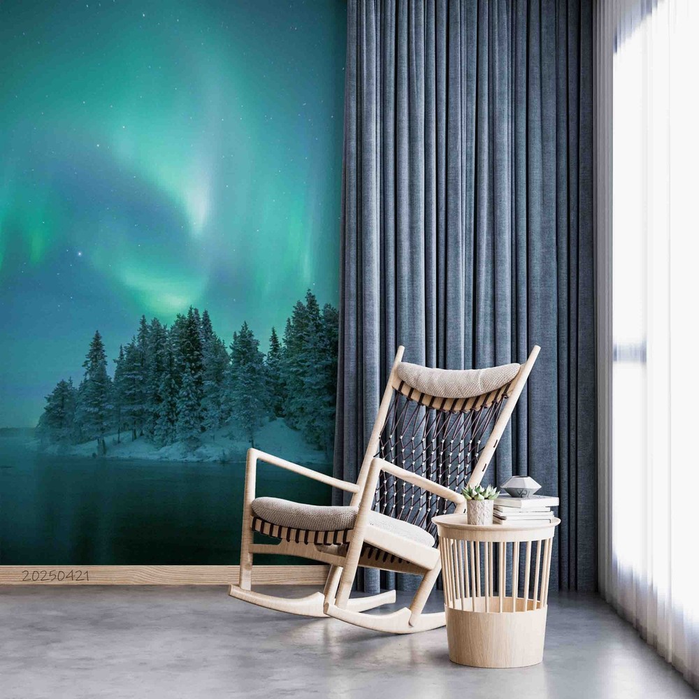 3D Winter Forest River Aurora Scenery Wall Murals Wallpaper Murals Wall Sticker
