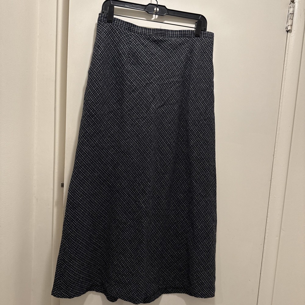Vtg Checkered Midi Skirt Navy & White Tweed A-Line Knit Academia Old Money