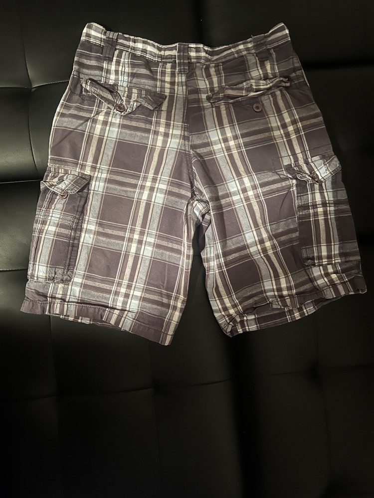Urban Pipeline Men's Plaid Cargo Shorts Gray White Purple Cotton Button Pockets
