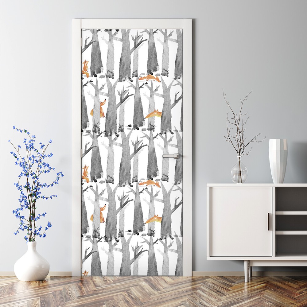 Bubble Free Door sticker Watercolour mural Nursery Kids Baby Animals Fox wall