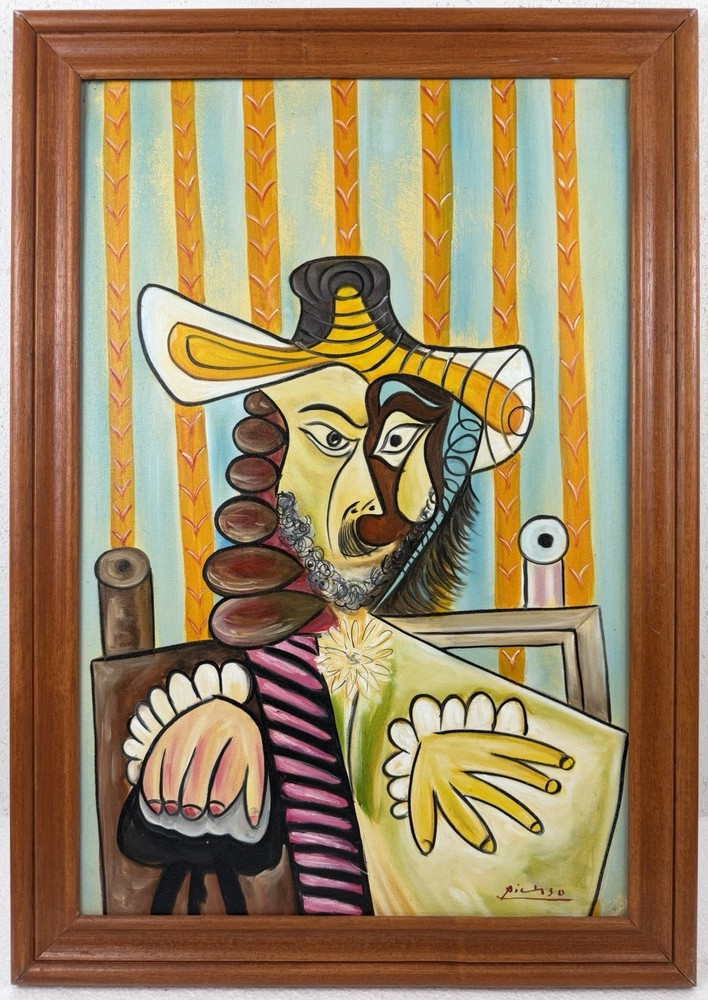 Pablo Picasso (Handmade) Oil On Canvas Signed & Stamped Framed Painting, Vtg Art