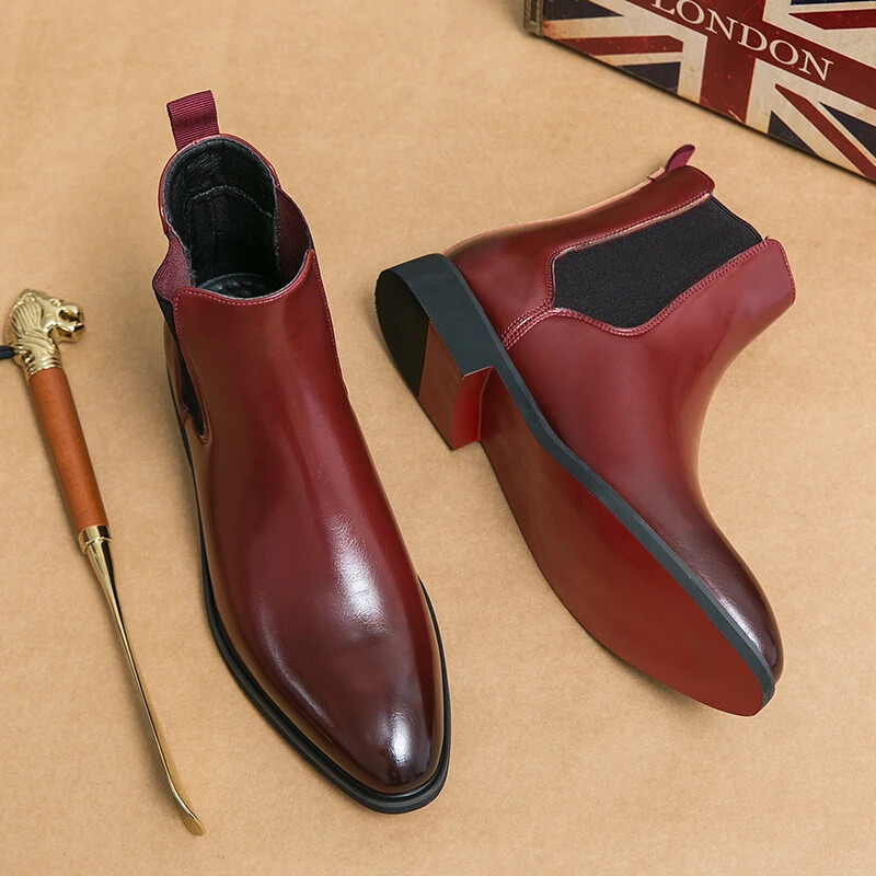 Men's Red Sole Slip-On Business Ankle Boots Round Toe Dress Shoes