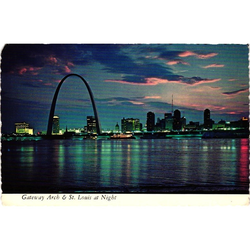 Vintage 1972 St Louis Gateway Arch Night Skyline Postcard Missouri Plastichrome