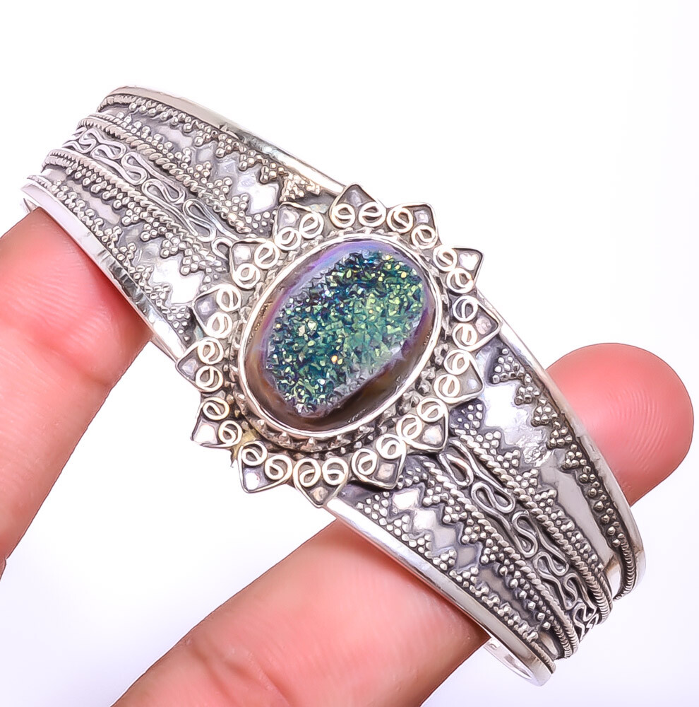Titanium Peacock Agate Drusy Gemstone 925 Sterling Silver Cuff Adst. T69 A315