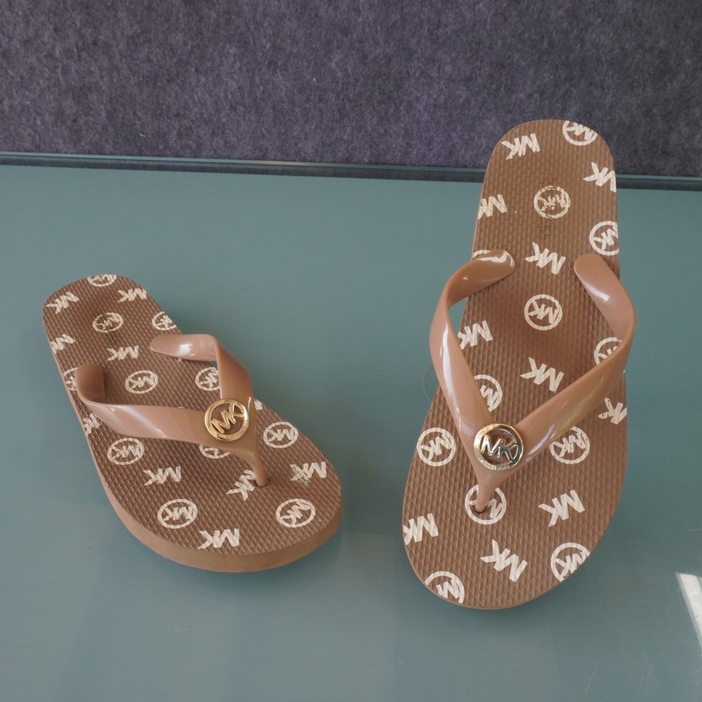 Used Michael Kors Women's 6M Signature Logo Flip Flops Brown EVA PVC Sandals LG2