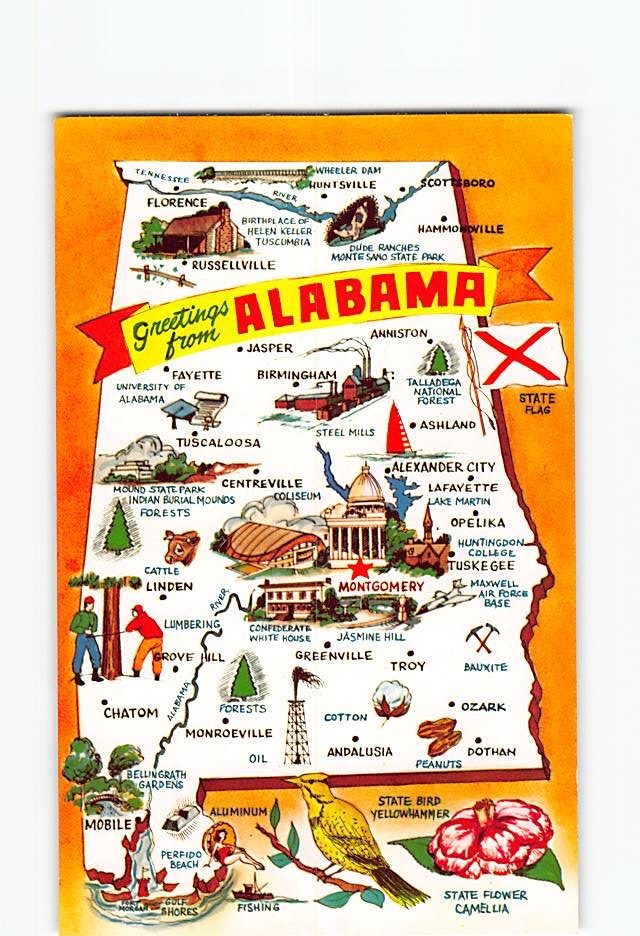 Postcard Greetings From Alabama State Map Flag Landmarks Vintage