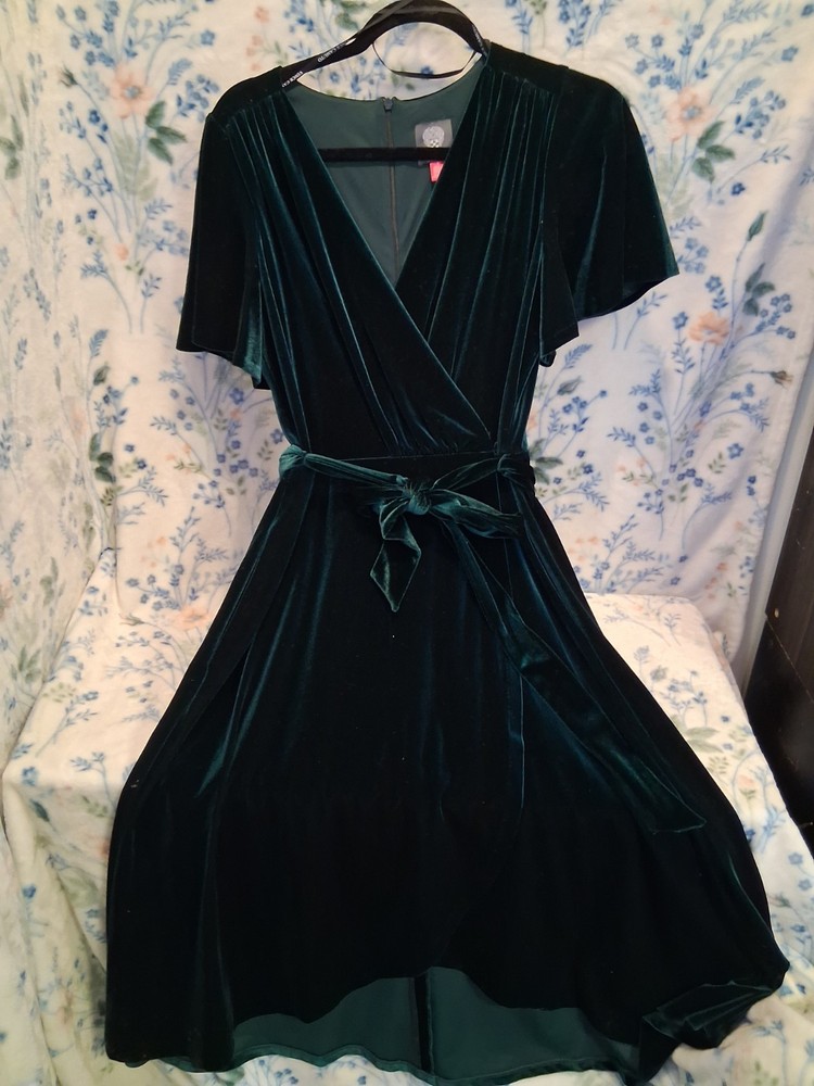 Vince Camuto Velvet Flutter Sleeves Faux-Wrap Midi Dress Size 8 Hunter Green
