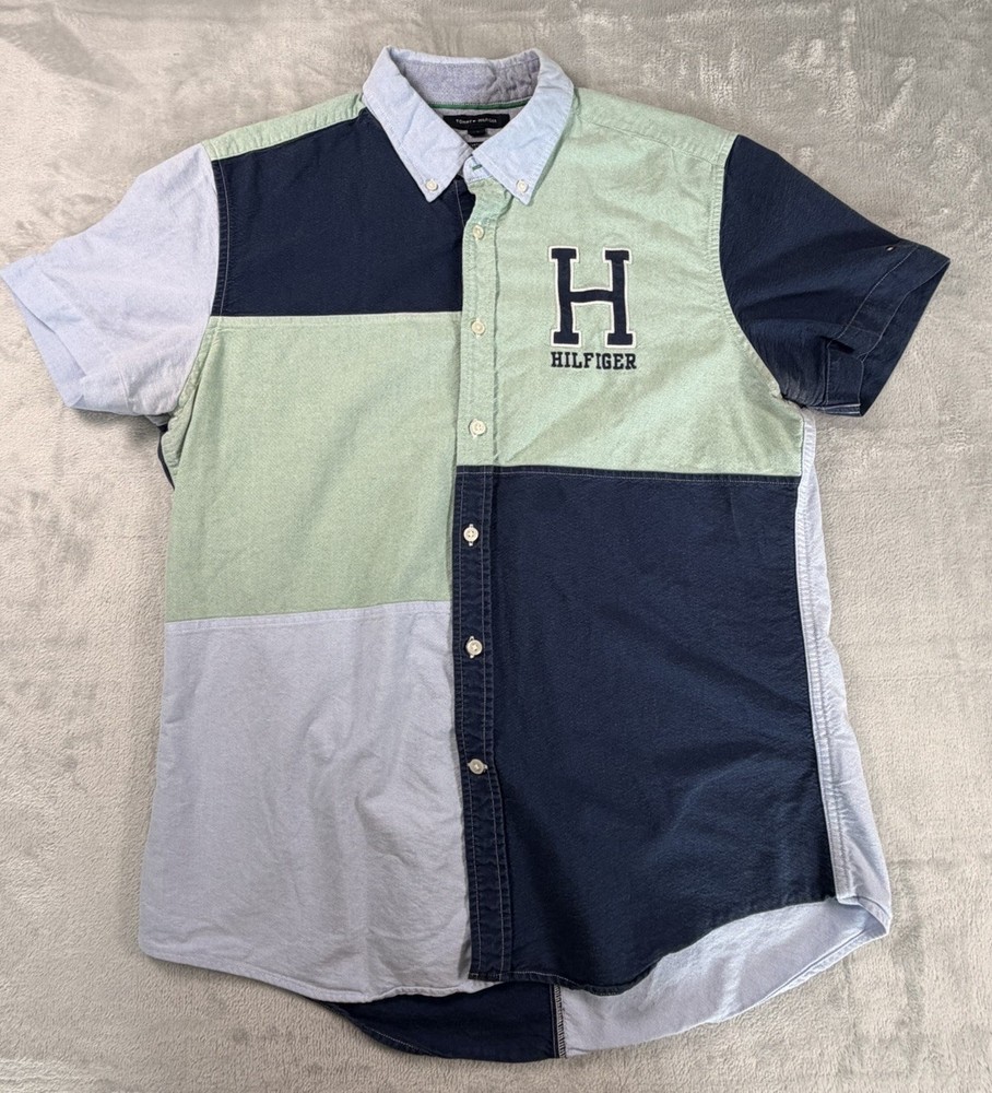 Tommy Hilfiger Colorblock Button Down Shirt Mens L Navy Green Blue H Logo