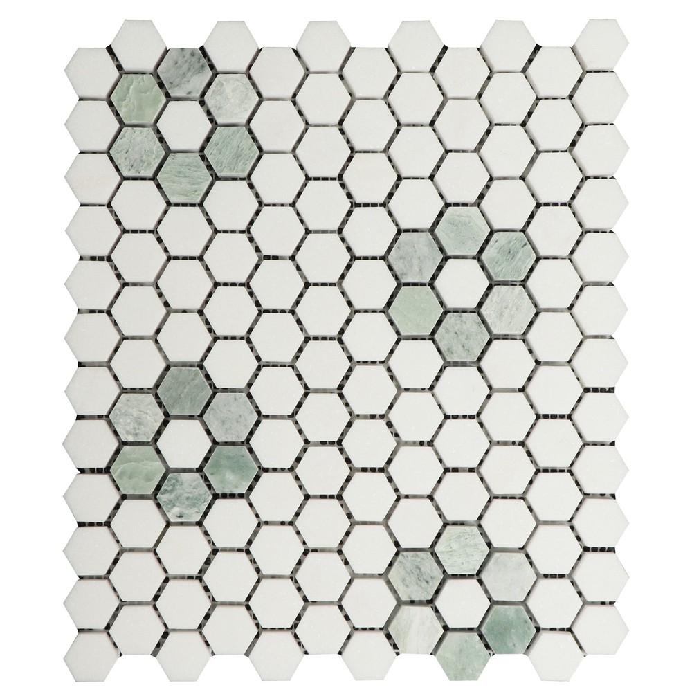 Thassos White Ming Green 1x1 Marble Honeycomb Mosaic Tile