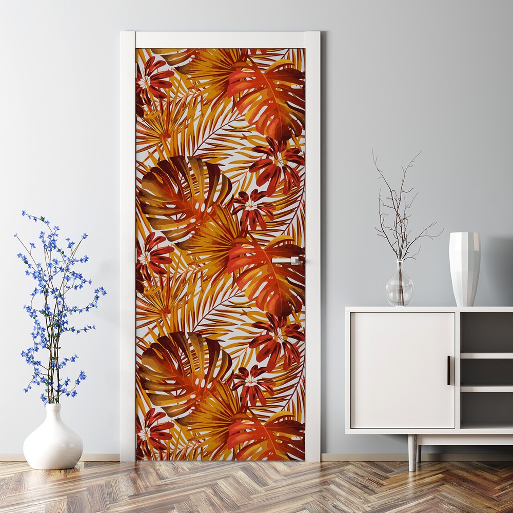 Bubble Free Door sticker Fiery flowers Wall Covering Tropical Floral Palm Leaves
