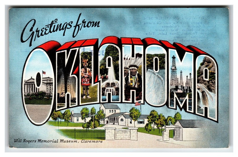 Vintage Greetings From Oklahoma Linen Large Letter Postcard Will Rogers Museum