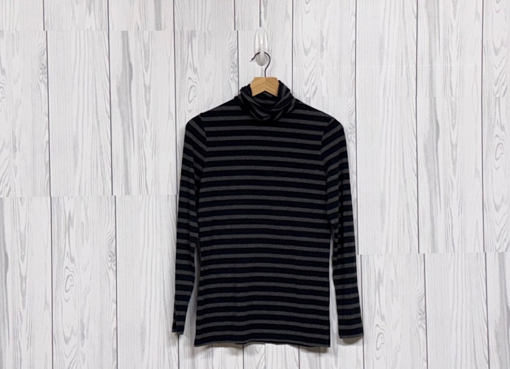 Lands End t shirt womens size small long sleeve turtle neck black striped cotton