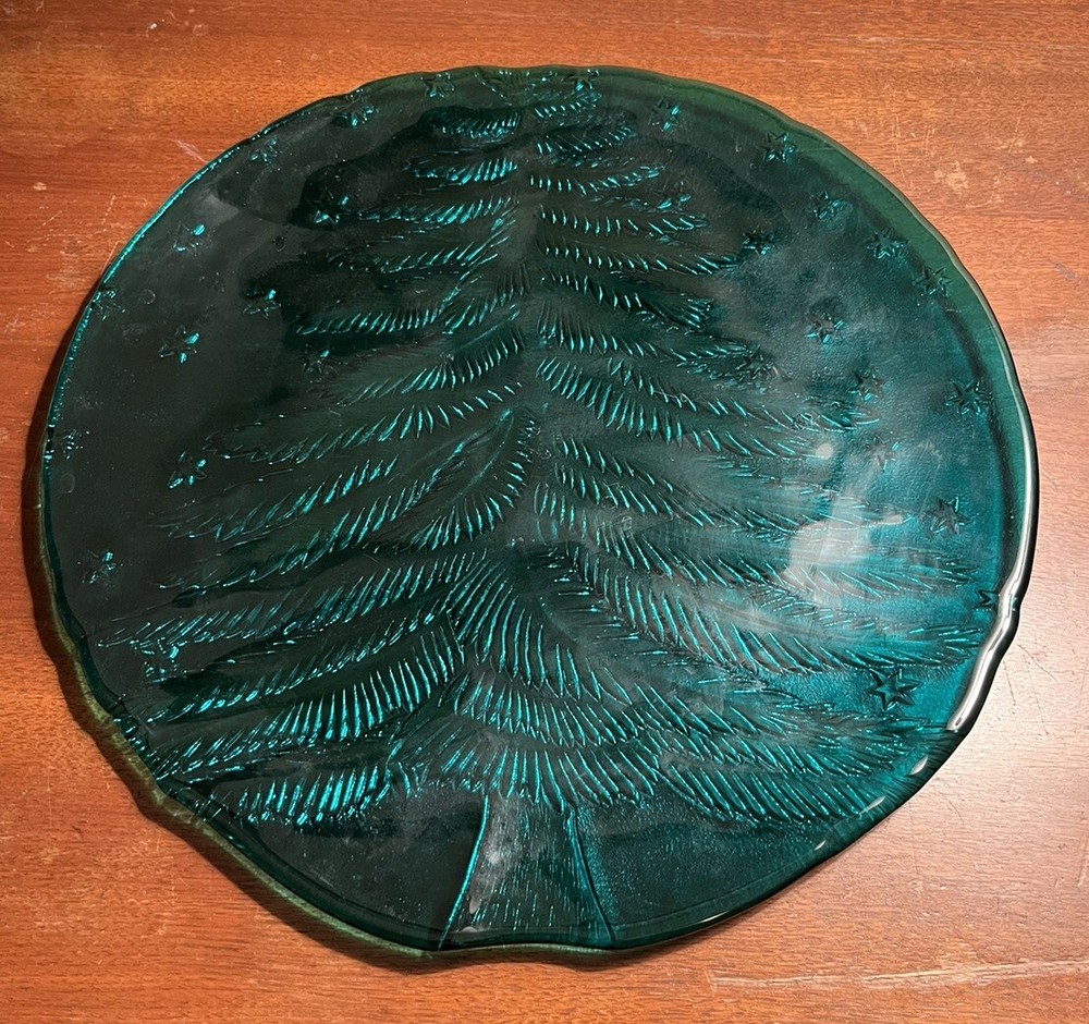 Vintage 14” Green Glass Serving Charger With Debossed Christmas Tree & Stars