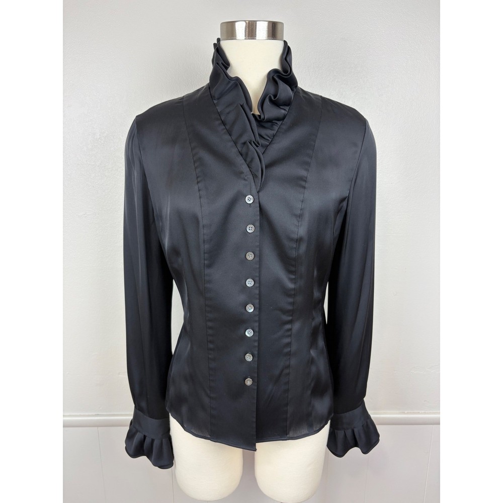 Brooks Brothers Womens Silk Blouse Size 8 Ruffle Collar & Cuffs Button Up Black