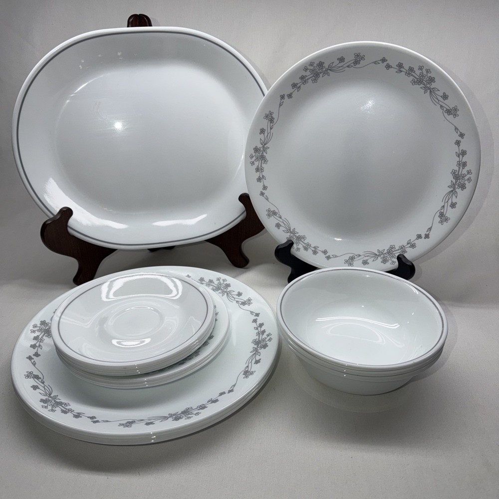 Vintage Corelle Ribbon Bouquet Silver/Grey  15 PIECE SET