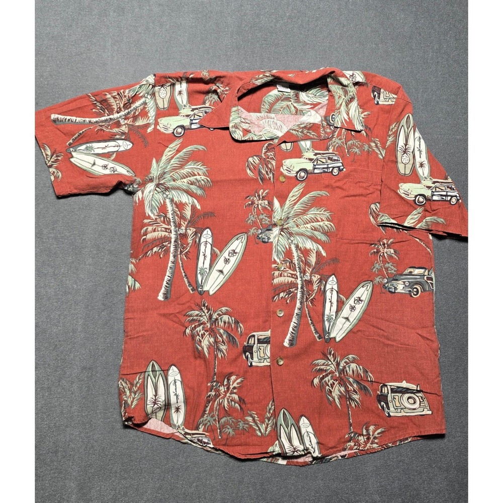 SUMMA Men's Surfboard Palm Tree Hawaiian Shirt Button Up Casual Red Large
