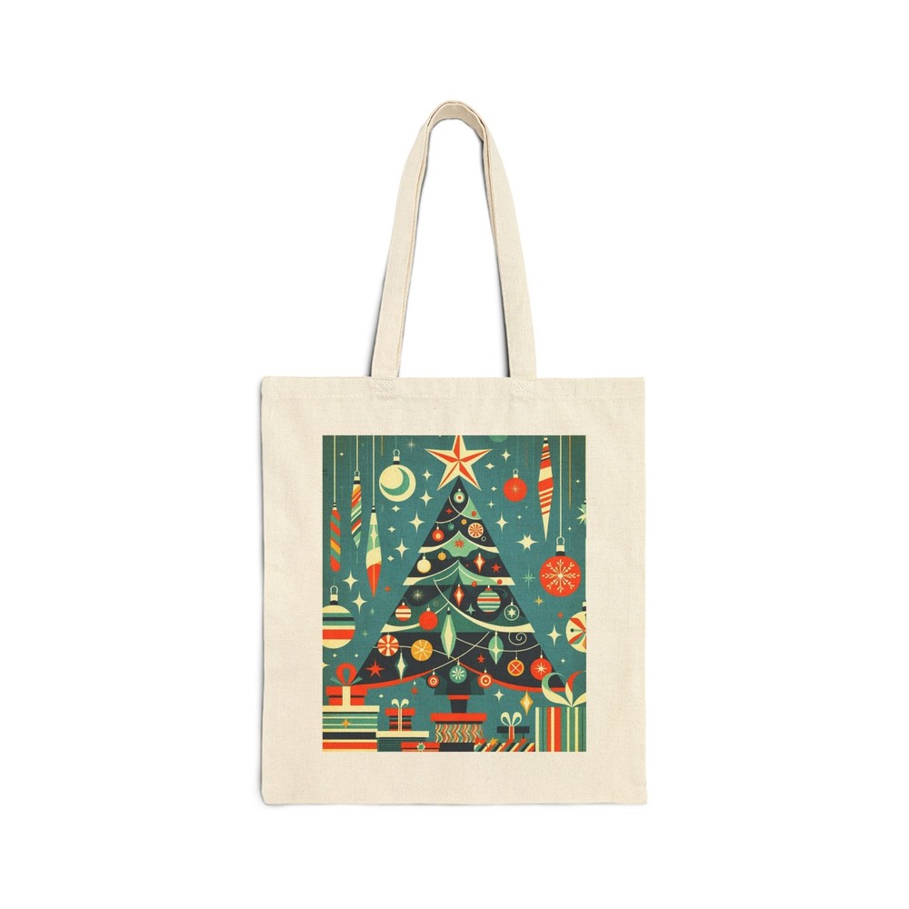 Cotton Canvas Tote Bag Mid-Century Christmas Tree Scene Design 1, Gift