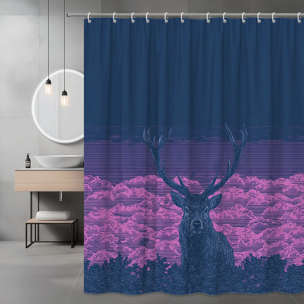 Deer Shower Curtain Pink Blue Forest Scene Graphic