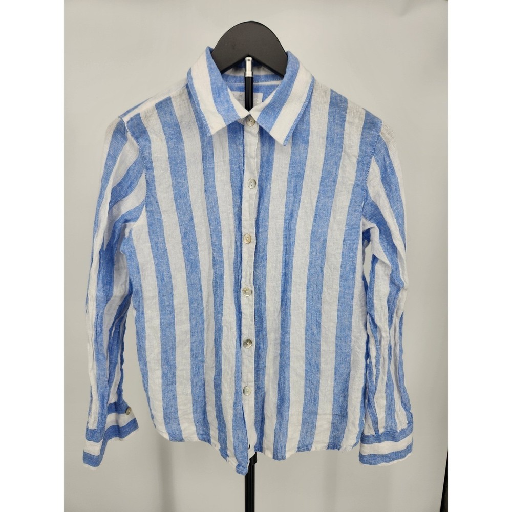 C&C California Women Blue White Striped 100% Linen Button Down Shirt Small