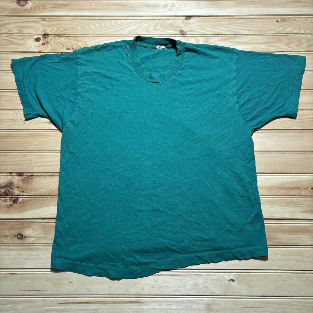 Vintage 80s Fruit of The Loom Blue Teal Blank Single Stitch Shirt Size 2XL USA